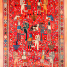 オールドギャッベ・211×139・赤色・ライオン・王様・鳥・センターラグサイズ・真上画