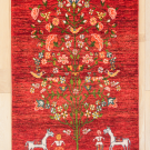 ルリバフ・119×77・赤色・花・生命の樹・馬・人・鳥・玄関マット・真上画