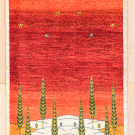 カシュクリ・123×82・赤色・グラデーション・風景・糸杉・鳥・玄関マット・真上画